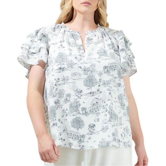 Sugarlips Tops - Sugarlips Renzo Toile Ruffle Blouse Short Flutter Sleeves size 2X Keyhole V Neck